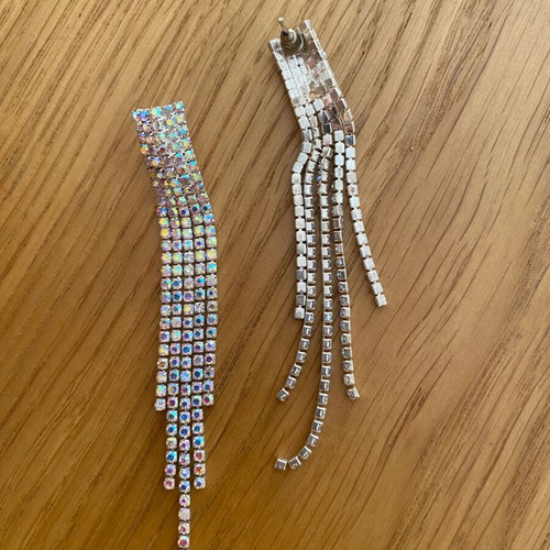 Asymmetric long evening earrings with rhinestones