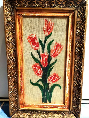 Handmade embroidered frame with gold frame