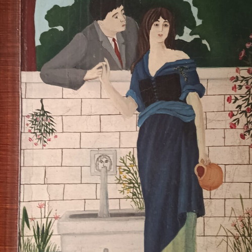 Old oil painting on canvas "At the Fountain" used, 1930 with frame