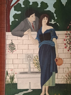 Old oil painting on canvas "At the Fountain" used, 1930 with frame