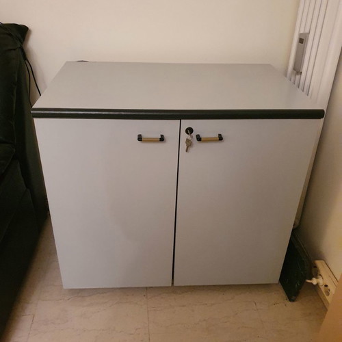 Gray cabinet used with shelf, lockable and on wheels