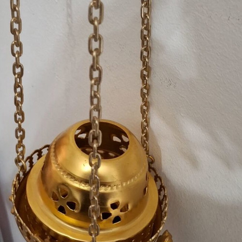 Hanging Church Oil Lamp gold color, like new, 65 cm