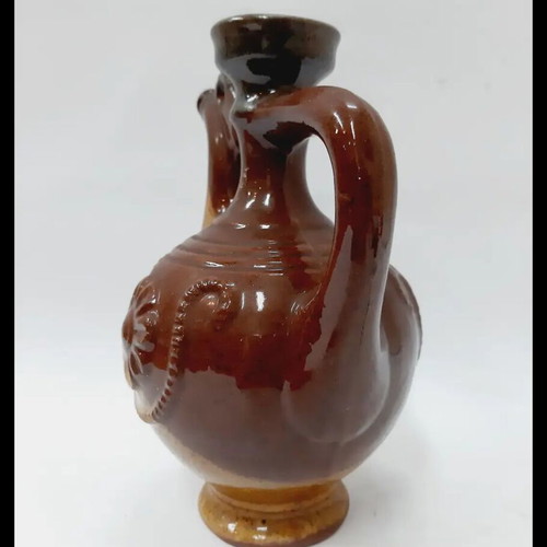 Vintage Troyan Ceramic Jug handpainted, brown and beige, 14 cm