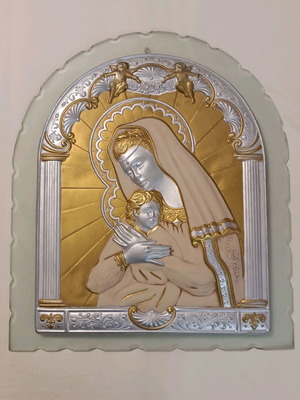 Embossed Virgin Mary Plexiglass Sandblasted Image like new 43×38 cm