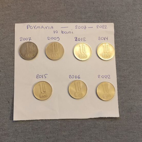 Romanian 10 Bani coins used, set of 7 from 2007 to 2022