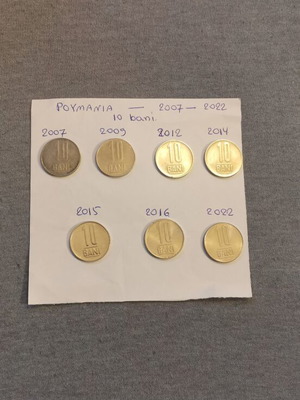 Romanian 10 Bani coins used, set of 7 from 2007 to 2022