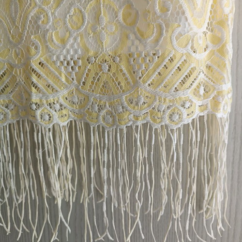 Cubic strapless cocktail dress with fringes like new, white and yellow