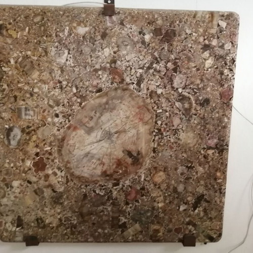 Garden table new, fossil wood Madagascar, 96x96x3 cm