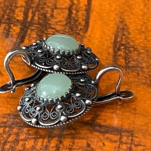 Silver earrings handmade filigree 925 with nephrite stone
