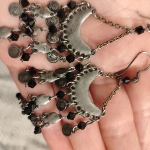 Boho earrings like new with black beads and coins, 9 cm