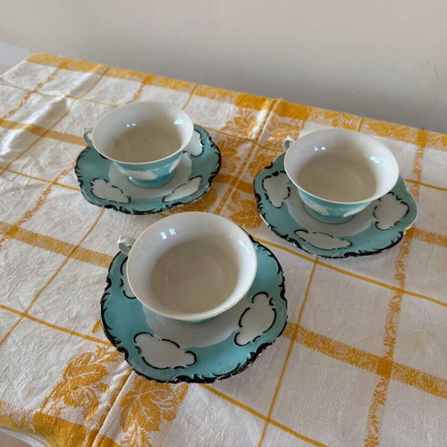Hutschenreuther Bavaria porcelain cups set of 3 blue with saucers like new