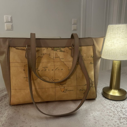 Alviero Martini 1a Classe Large Geo Map Shoulder Tote Bag like new, beige and brown
