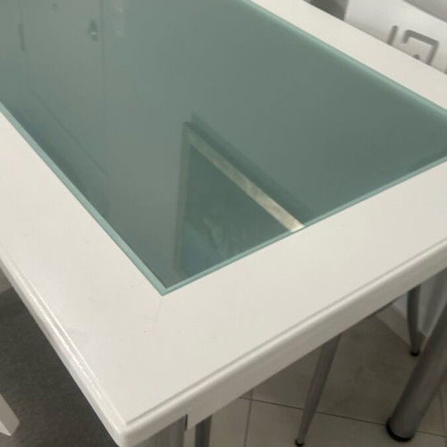 Dining table with 4 chairs used, white eco paint, glass top