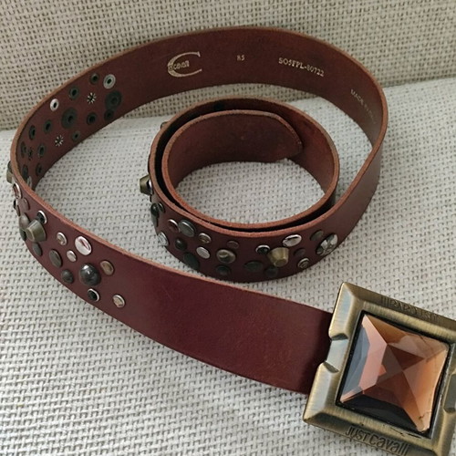 Just Cavalli leather brown belt like new with antique gold buckle and crystals