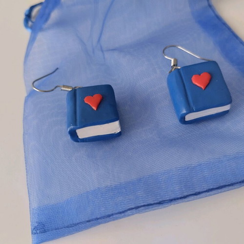 Book earrings new, small blue polymer clay design