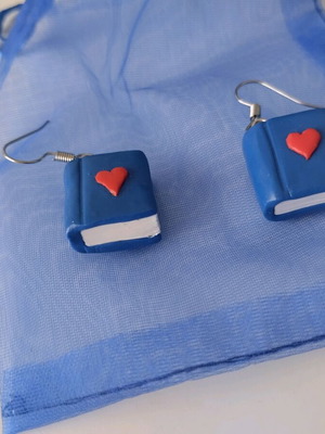 Book earrings new, small blue polymer clay design