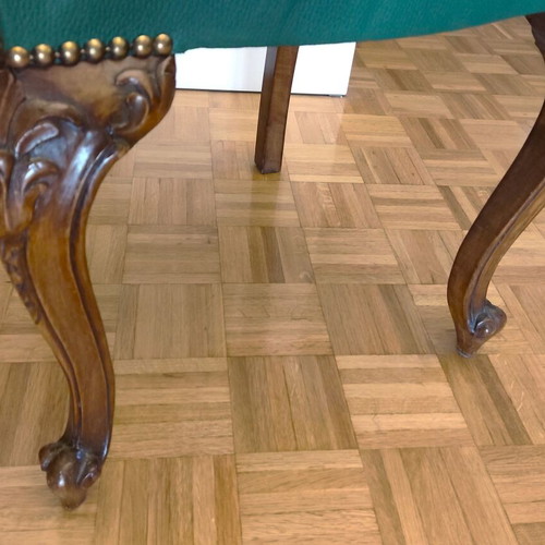 Set of 2 handmade office armchairs used, solid walnut wood with carvings