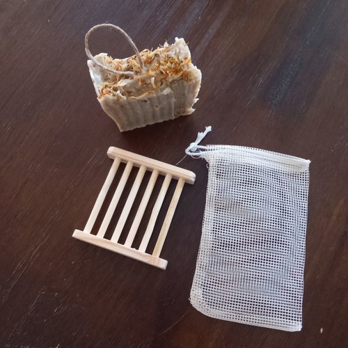 Handmade soap set 190g extra large with wooden soap dish and pouch