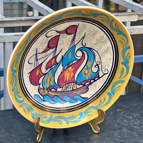 Collectible ceramic decorative plate Athens signed with sailboat 29.5cm used
