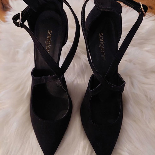 Sarigiannis pumps used, black suede, crisscross design, size 38