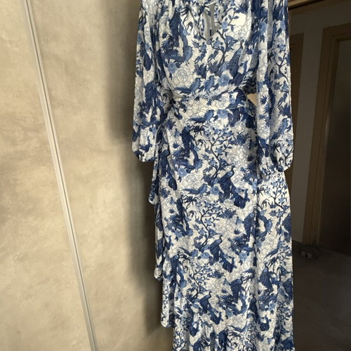 Virginia Karafousia off shoulder top and maxi skirt set new, white and blue