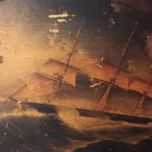 Seascape print on old wood, handmade technique, used