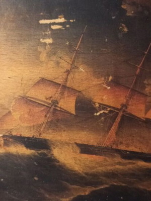Seascape print on old wood, handmade technique, used