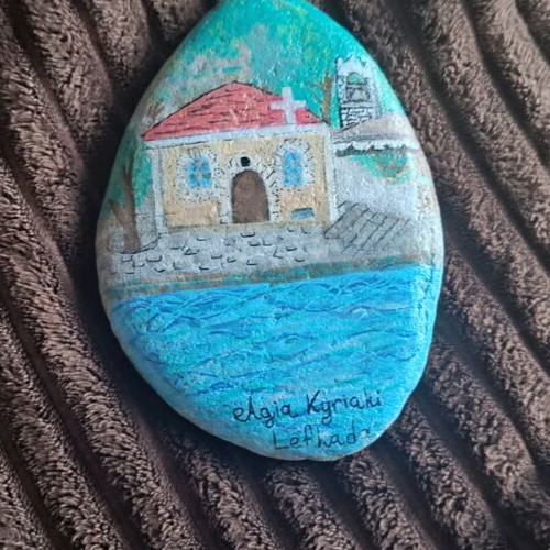 Painted stone new with image of Lefkada landmark