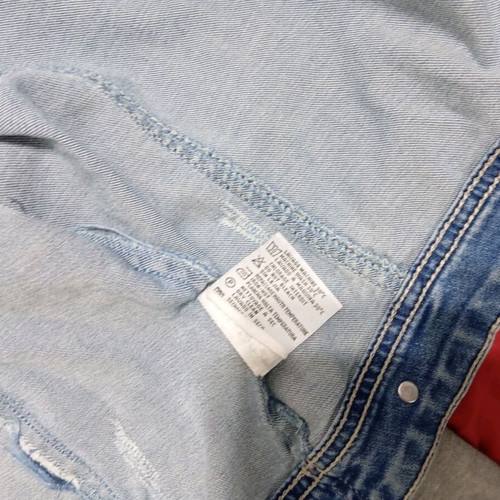 Denim jacket used with fabric sleeves and hood, size S