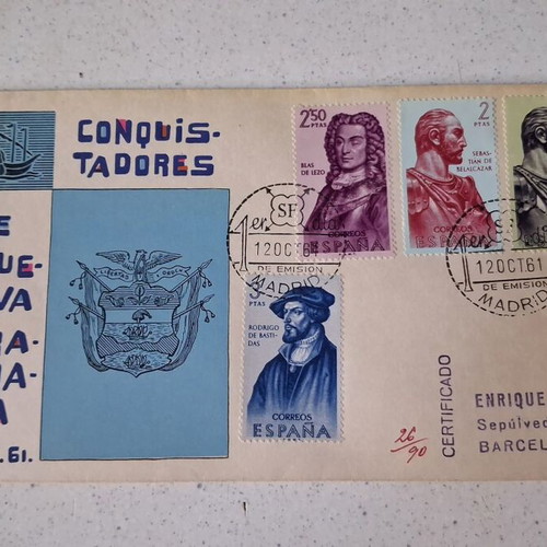 Conquistadores de Nueva Granada First Day Cover 1961 Spain new