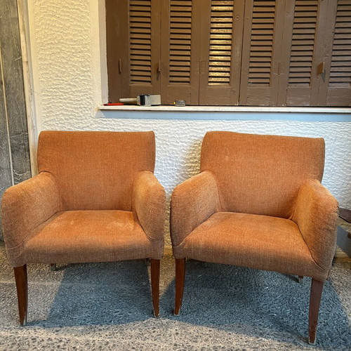 Armchair set vintage used, terracotta color, wooden legs