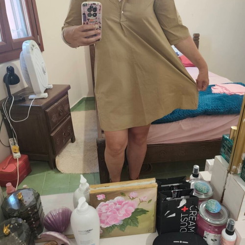 Shirt style dress large, sand color, like new, 100% cotton