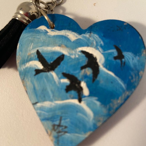 Hand-painted wooden heart keychain with leather tassel new