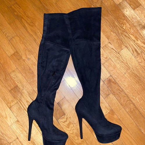 Black suede over-the-knee boots new, platform and stiletto heel
