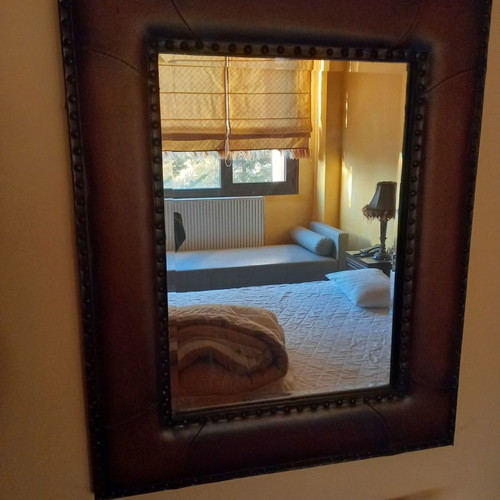Handmade leather and mosaic mirror used, Italian origin