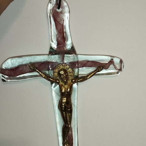 Handmade Murano-style Glass Wall Crucifix with Bronze Christ Figure