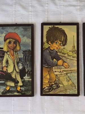 Vintage ξύλινα πάνελ Michel Thomas σετ 6 Big Eyes 70s