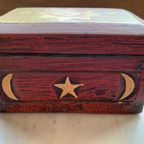 Handmade wooden jewelry box with sun and moon design, new