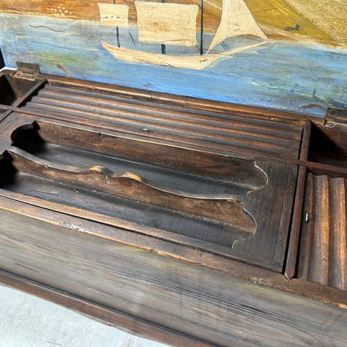 Wooden desk box with painting used, with secret compartments