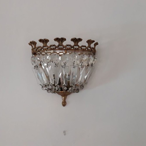 Crystal wall lights used with carved bronze frame, pair