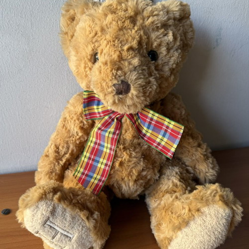 Vintage SMITH Cute Brown Teddy Bear Plush Toy with Rainbow Bow 14"