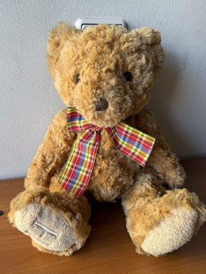 Vintage SMITH Cute Brown Teddy Bear Plush Toy with Rainbow Bow 14"