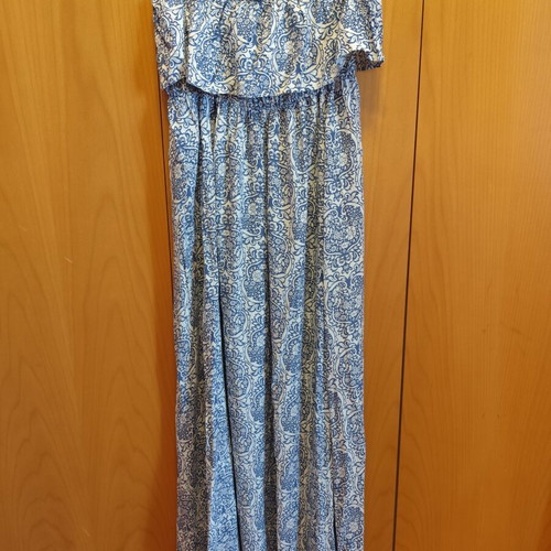 Strapless viscose dress used, white and blue, size large