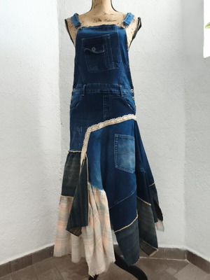 Handmade upcycled Y2K denim salopette dress