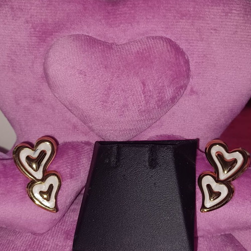 Double Heart Earrings like new, gold and white