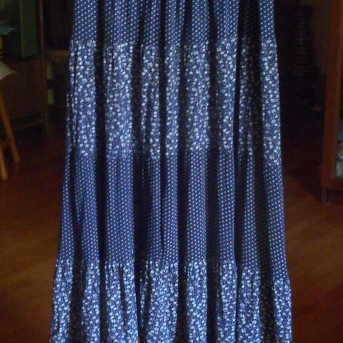 Gipsy skirt used, cotton, white and blue, elastic waist