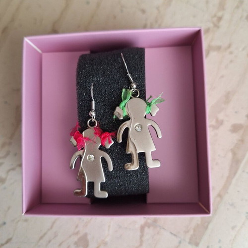 Girl figure earrings new, silver with rhinestones and ribbons