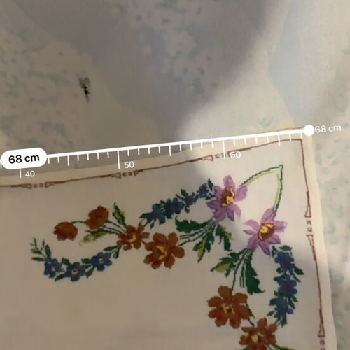 Vintage handmade tablecloth 68x67 cm with colorful floral cross-stitch embroidery