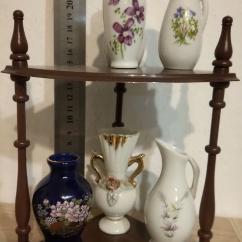 Miniature vase set 7 pieces with corner shelf like new