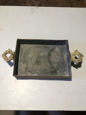 Copper baking tray used with fish designs and brass handles